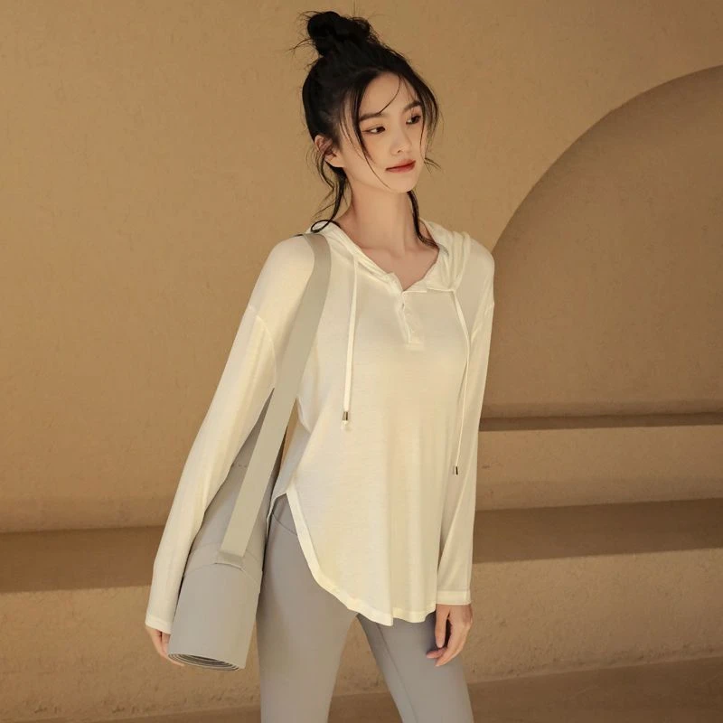 春秋大码夏季长袖瑜伽服女宽松显瘦速干运动健身跑步罩衫连帽上衣