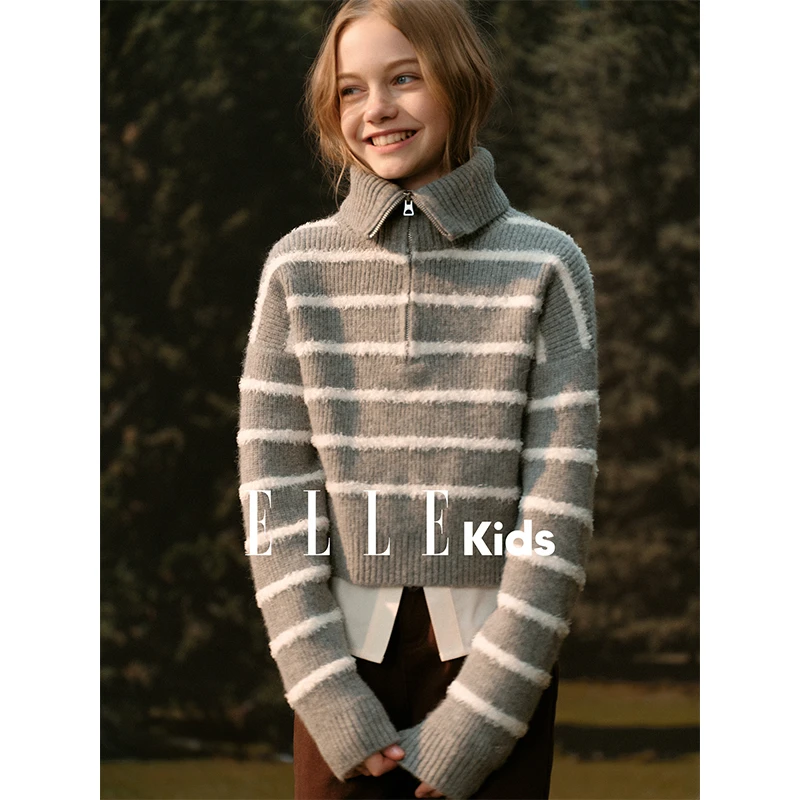 ELLE KIDS 条纹翻领套头毛衣女童秋季法式学院百搭针织衫Q4