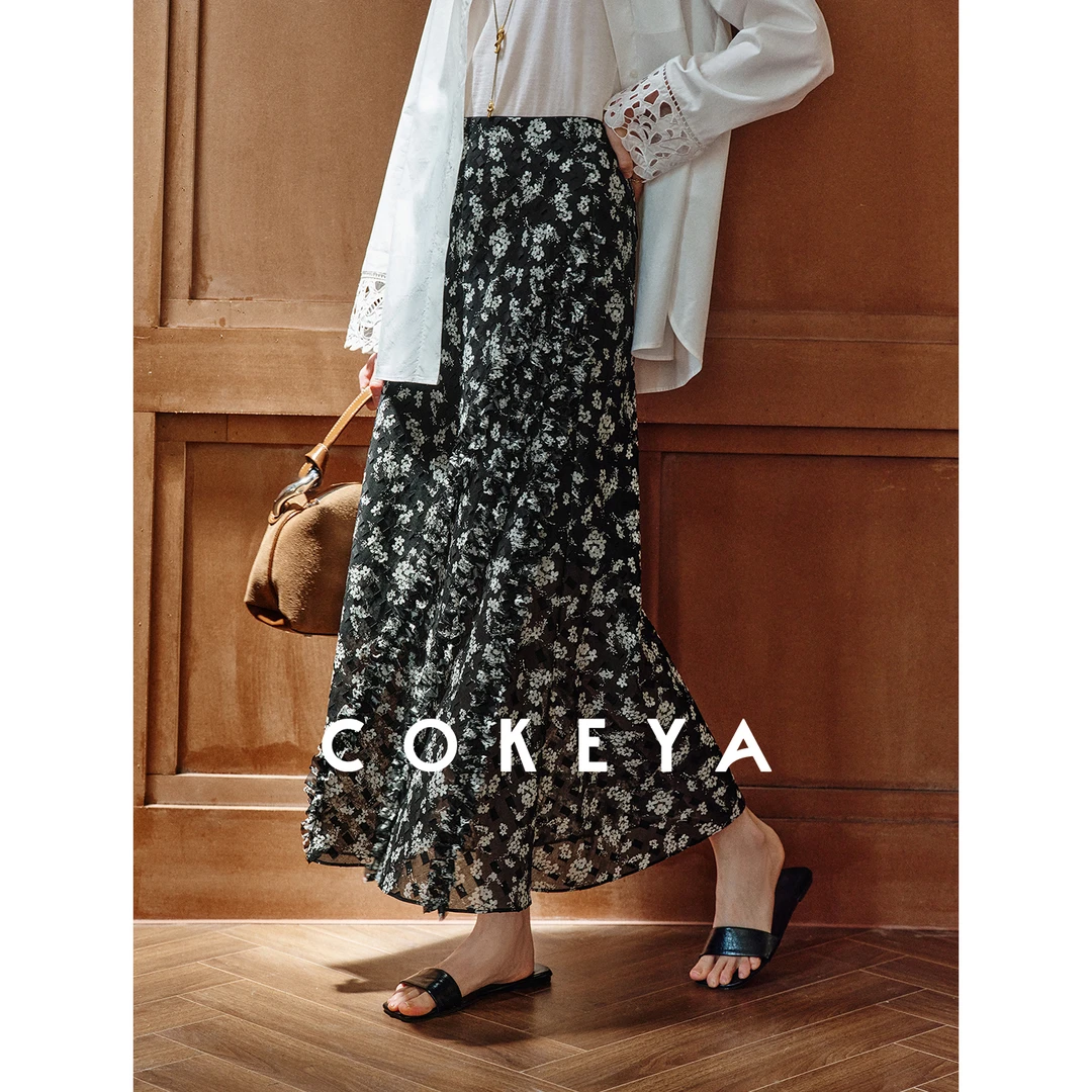 COKEYA/秘境花园~烧花45°斜裁高腰显瘦长款碎花鱼尾半身裙女秋冬