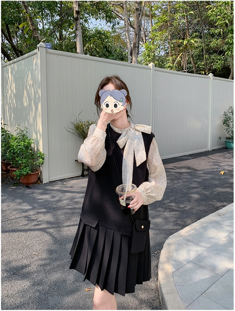 轻熟风小个子穿搭波点打底衫黑色百褶背心裙新款假两件连衣裙女秋