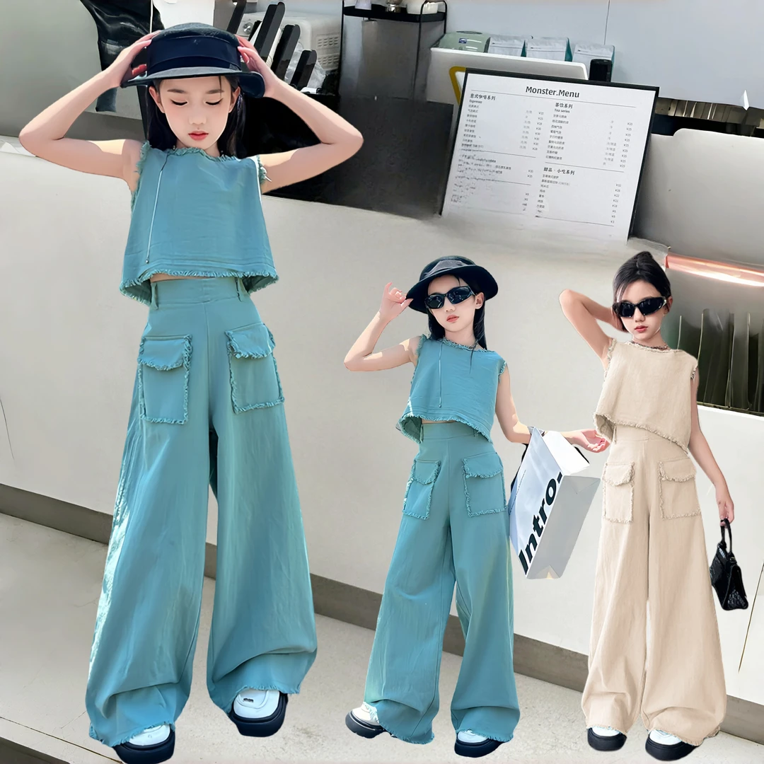 女童网红夏装复古小香风套装女孩无袖上衣中大童纯棉阔腿裤两件套