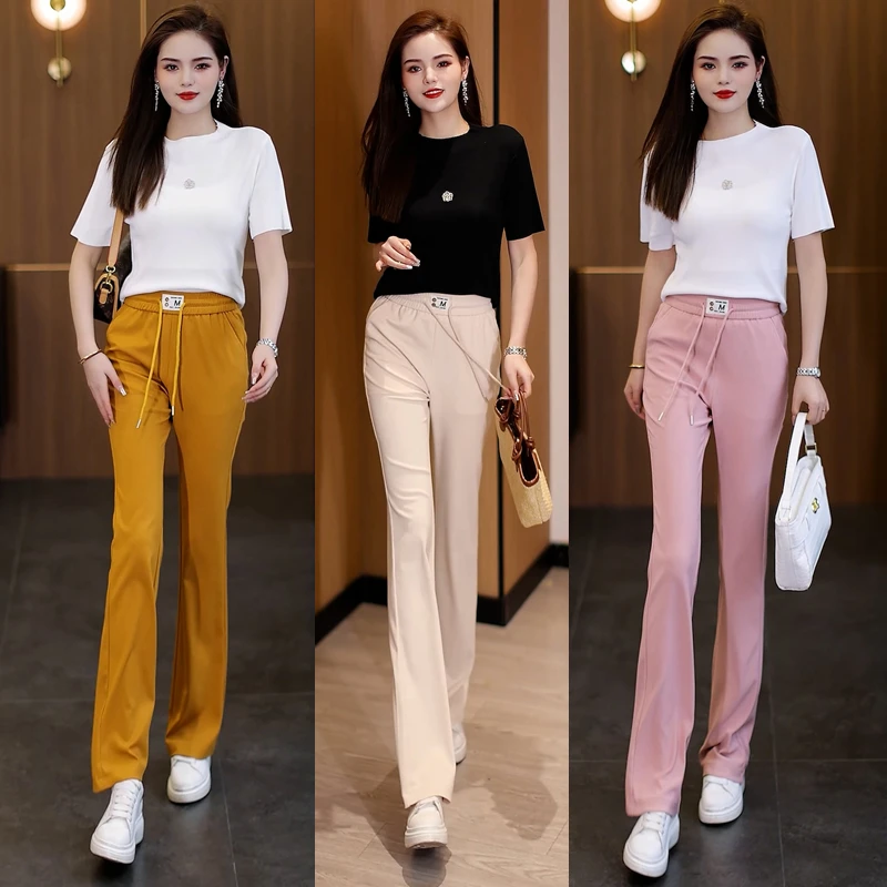 春夏新款高腰微喇裤女裤女新款气质松紧柔软休闲喇叭裤坠感喇叭裤