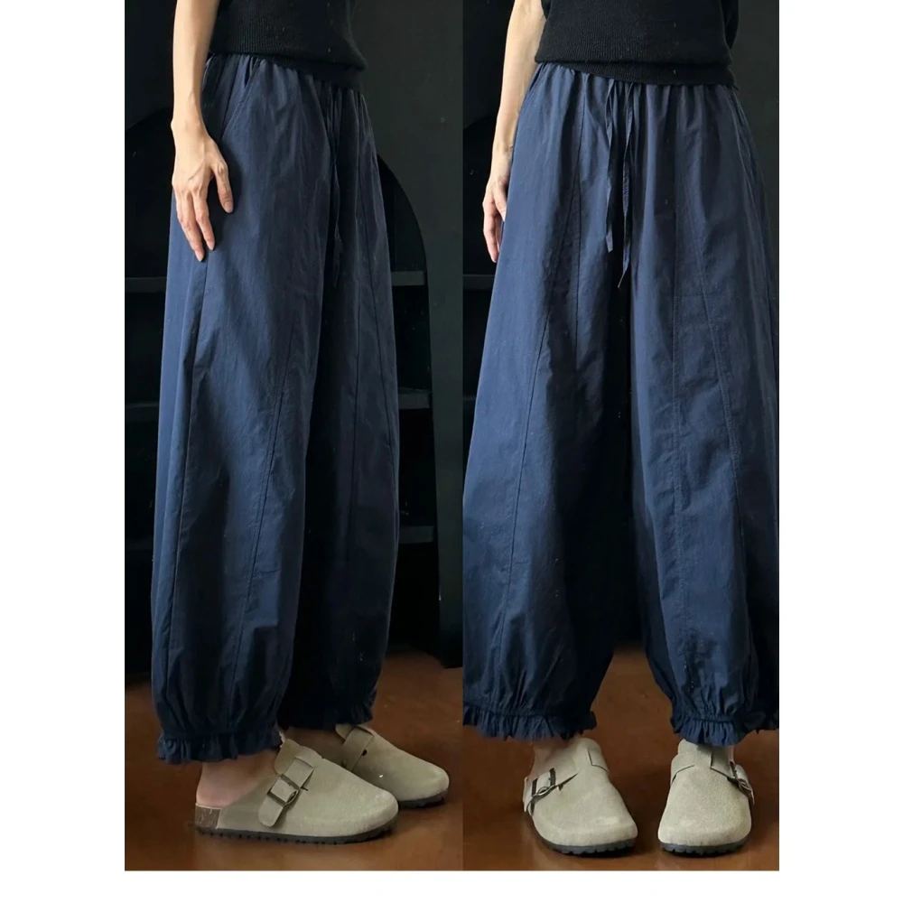 木耳花边阔腿休闲裤女2025早秋新款小个子百搭松紧高腰九分灯笼裤