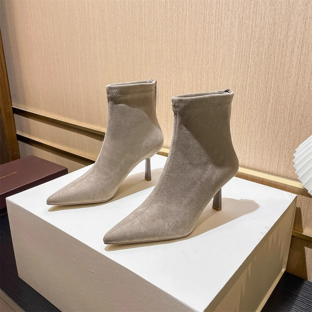 6cm~尖头女人味绒面尖头瘦瘦靴细跟高跟短靴弹力靴后拉链女靴