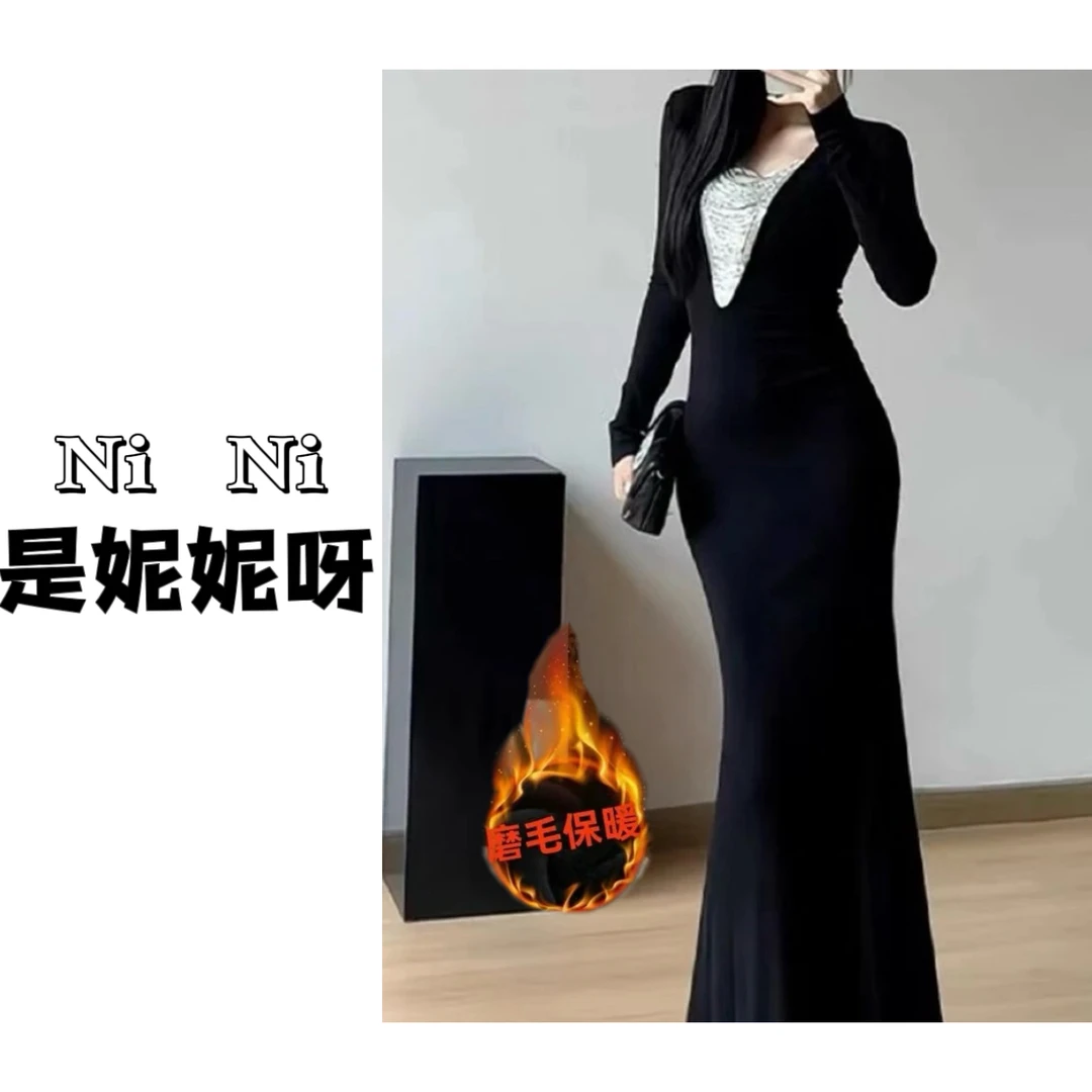 冬季新款轻奢名媛长袖抽褶收腰包臀鱼尾连衣裙