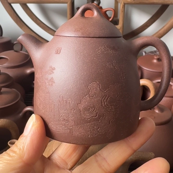 紫砂茶壶170cc秦权刻绘嫩底槽清
