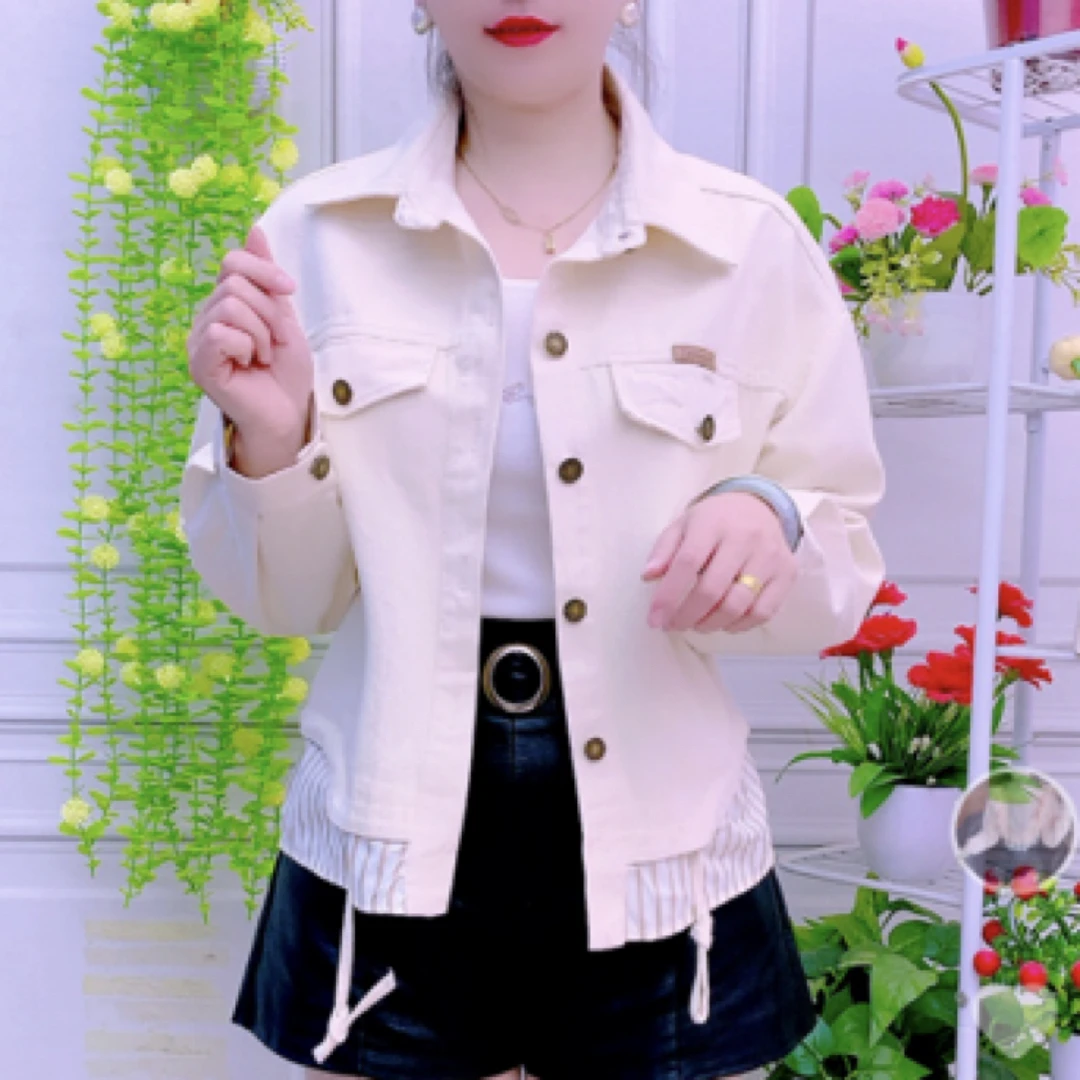 2025春季新款时尚抽绳条纹牛仔外套女宽松百搭假两件Polo领衬衫