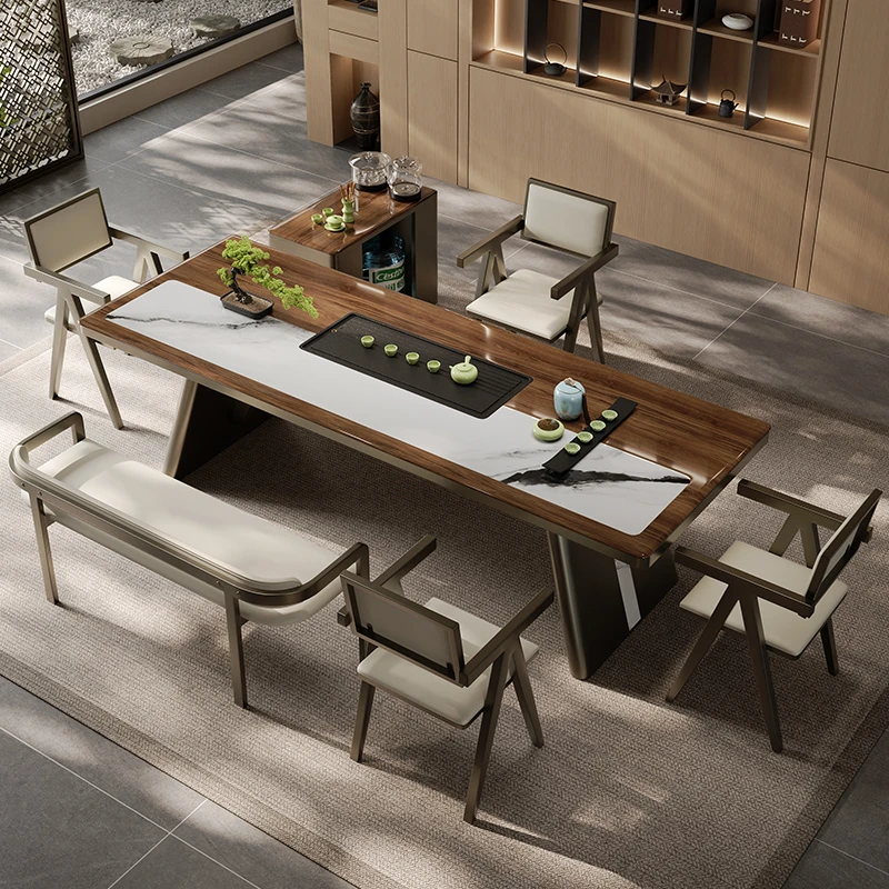 轻奢高级感岩板茶桌椅组合办公泡茶台烧水壶一体简约客厅家用大板