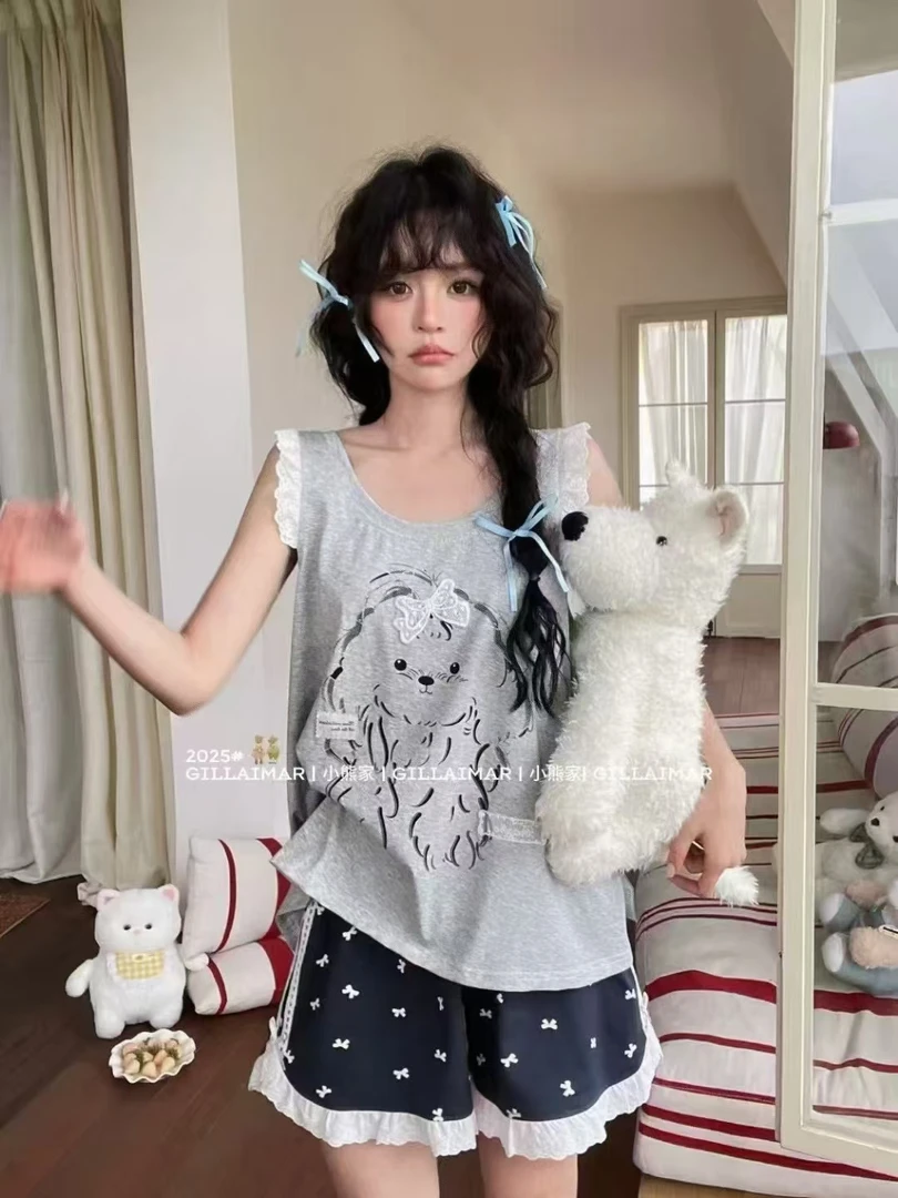 小熊家夏季休闲宽松印花卡通甜美毛毛小狗家居服睡衣