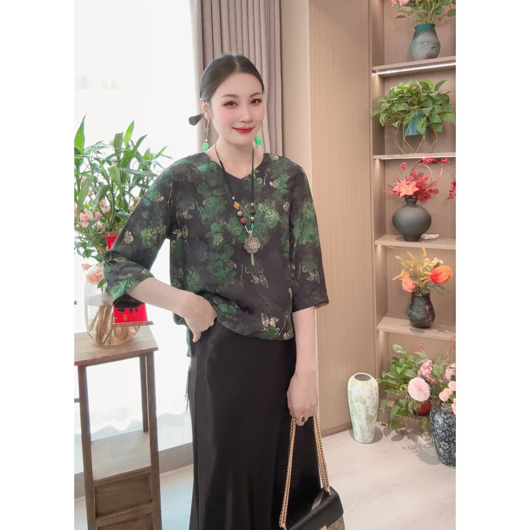 【南笙】双面双穿上衣小衫新中式国风V领提花气质七分袖T恤女
