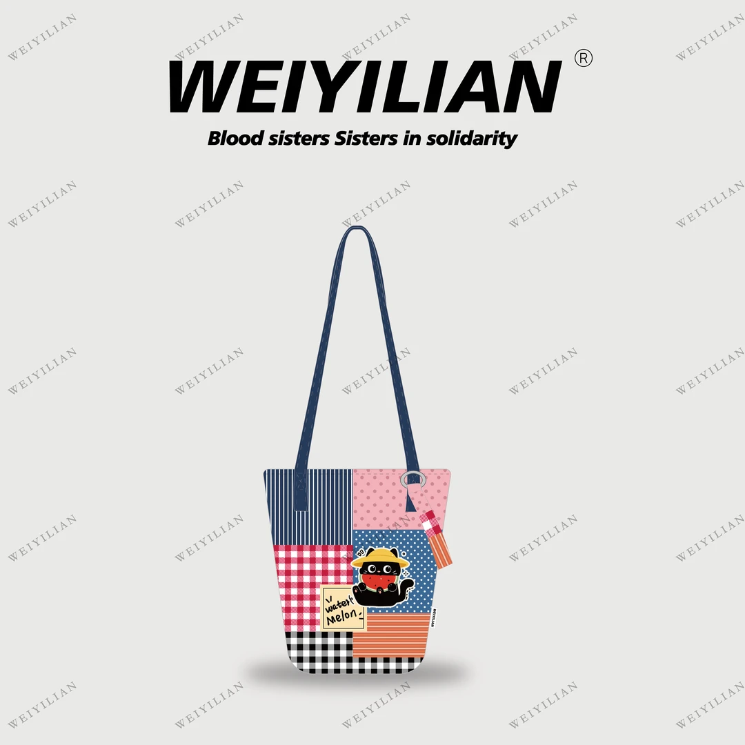 WEIYILIAN森系黑色小猫格纹原创设计师可单肩斜挎水桶包WYL561-4