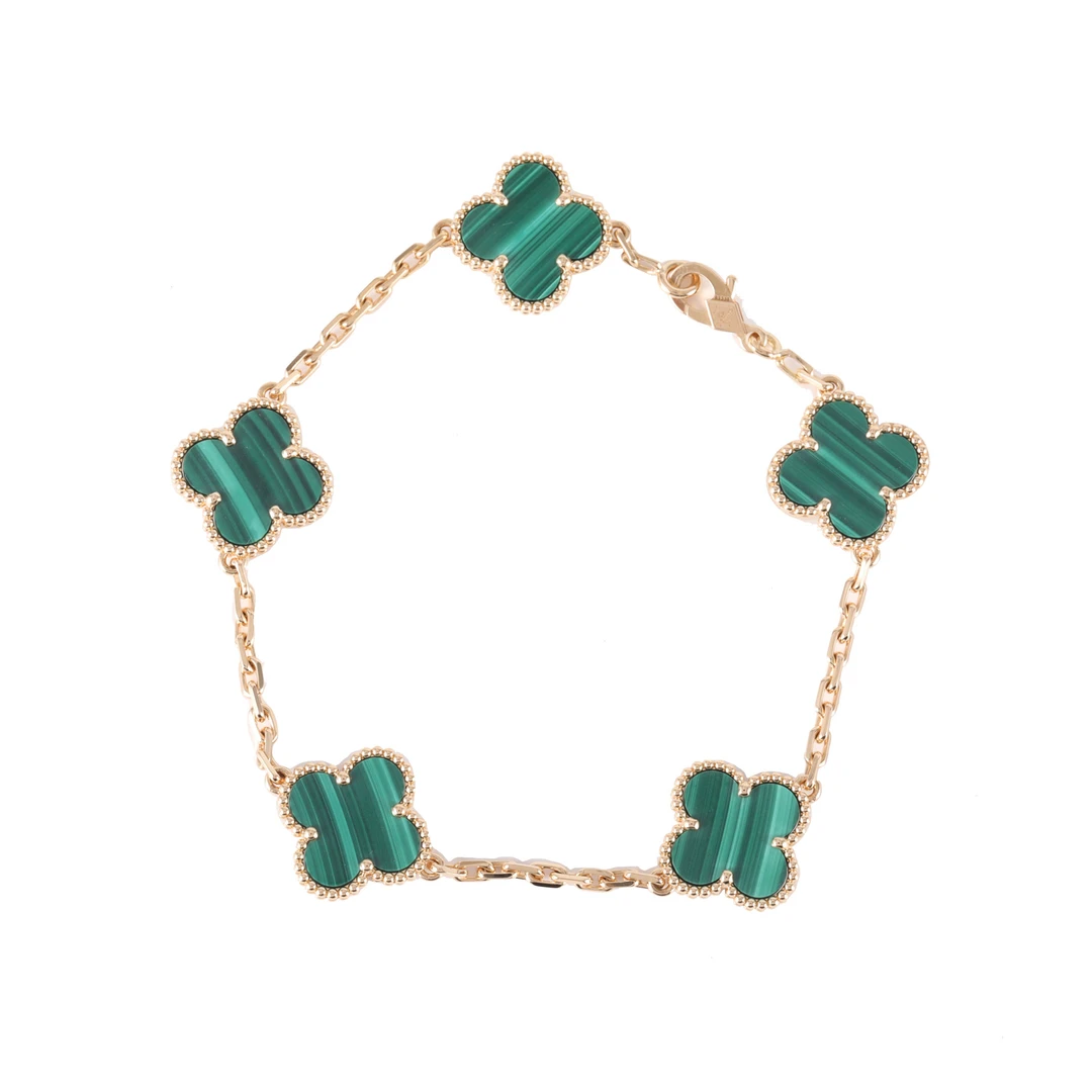 95新 梵克雅宝 小花柳 中号五花手链 新扣 孔雀石 S-M码 黄金