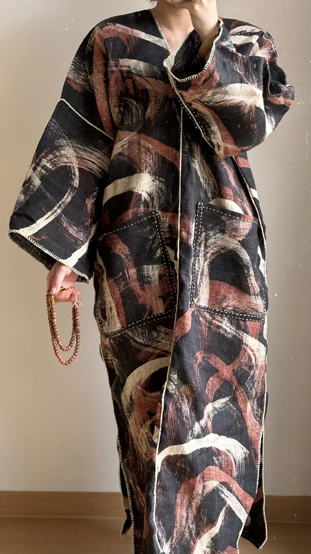 赤褐毛笔袍子｜汉麻｜蜡染