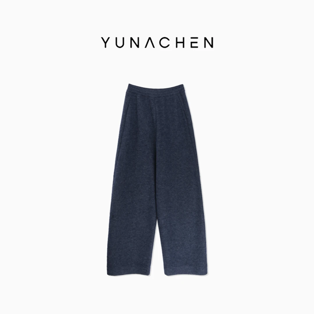 菠萝宝宝yuna【雾海绒曳阔腿裤】摇粒绒高腰藏青杂花针织长裤YI27