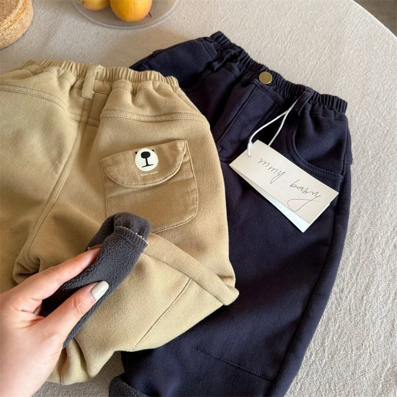 2025儿童加绒长裤冬季新品男女宝宝小熊加厚韩版休闲裤