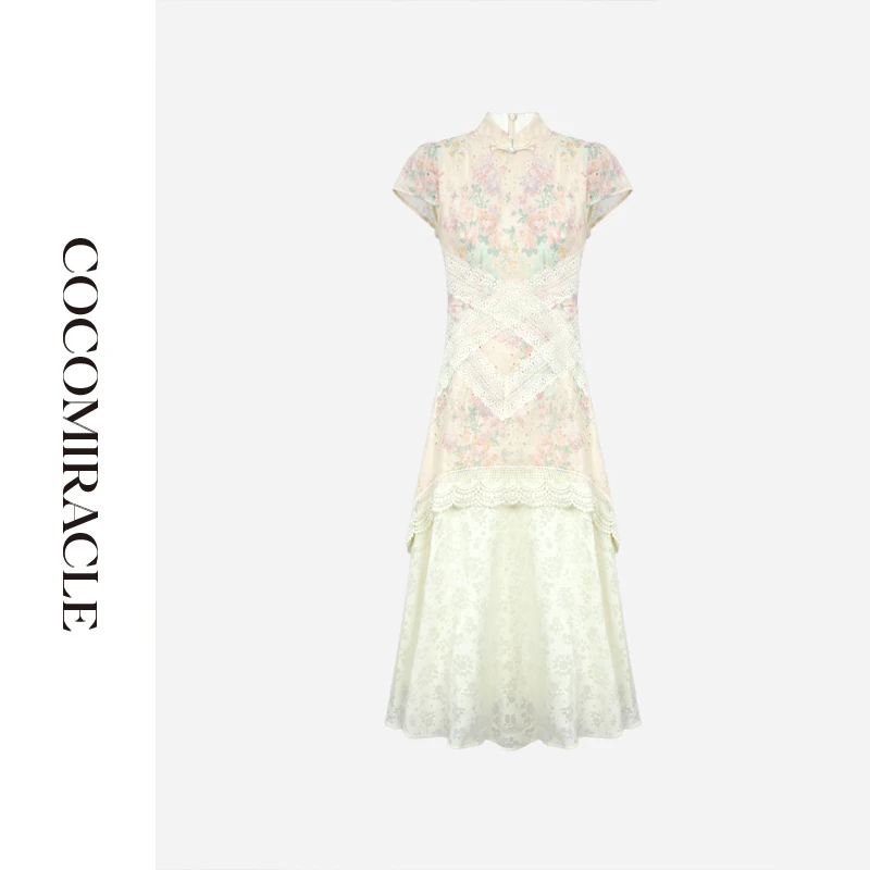 董小姐【月华绣影】新款改良旗袍蕾丝假两件碎花连衣裙Q53LYQ115