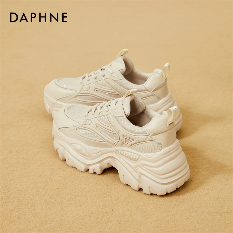 达芙妮米色老爹鞋女厚底网面2025新款春夏小个子增高运动休闲鞋子