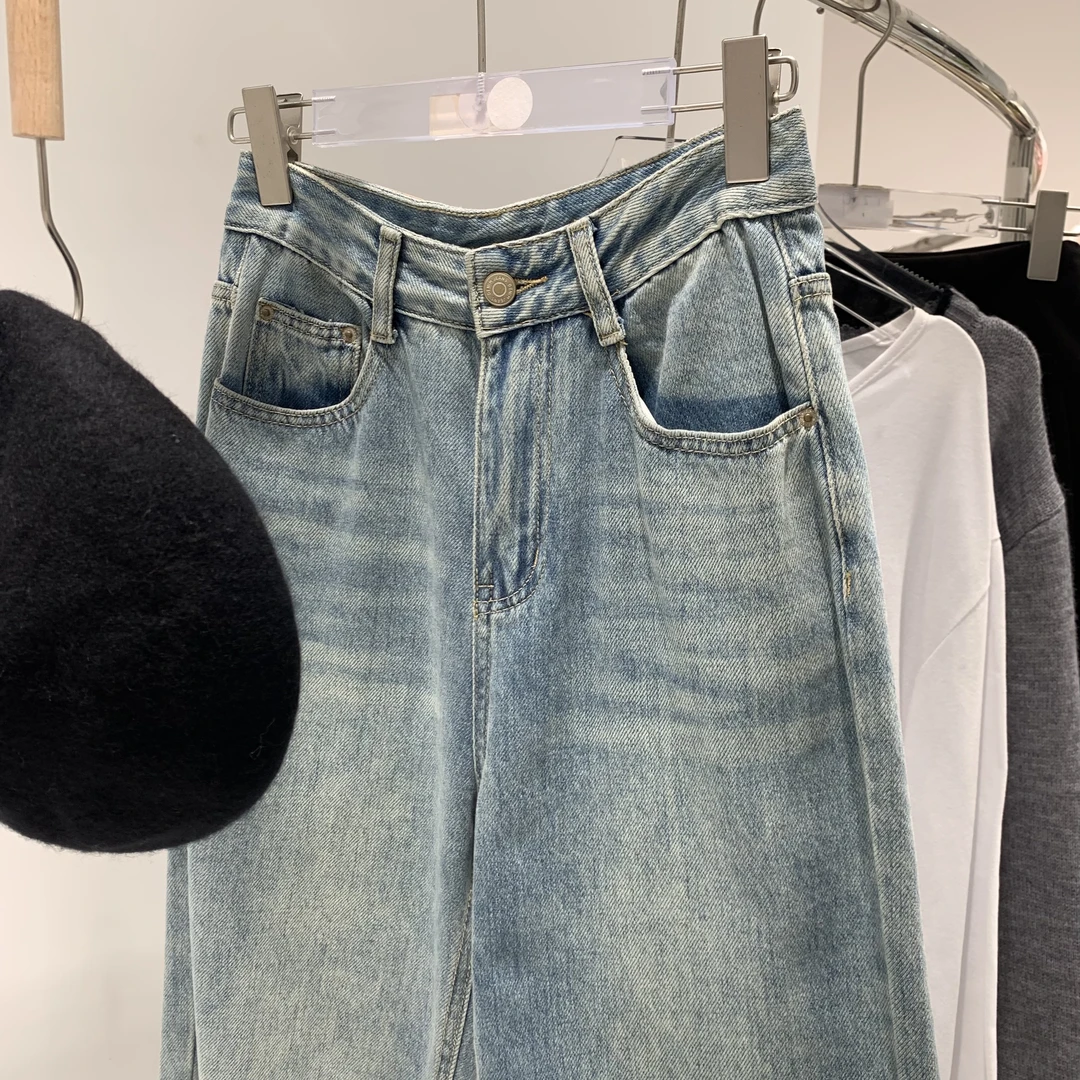 W00711早秋高腰显瘦阔腿百搭牛仔裤（扣眼已开裤脚挽起介意勿拍）