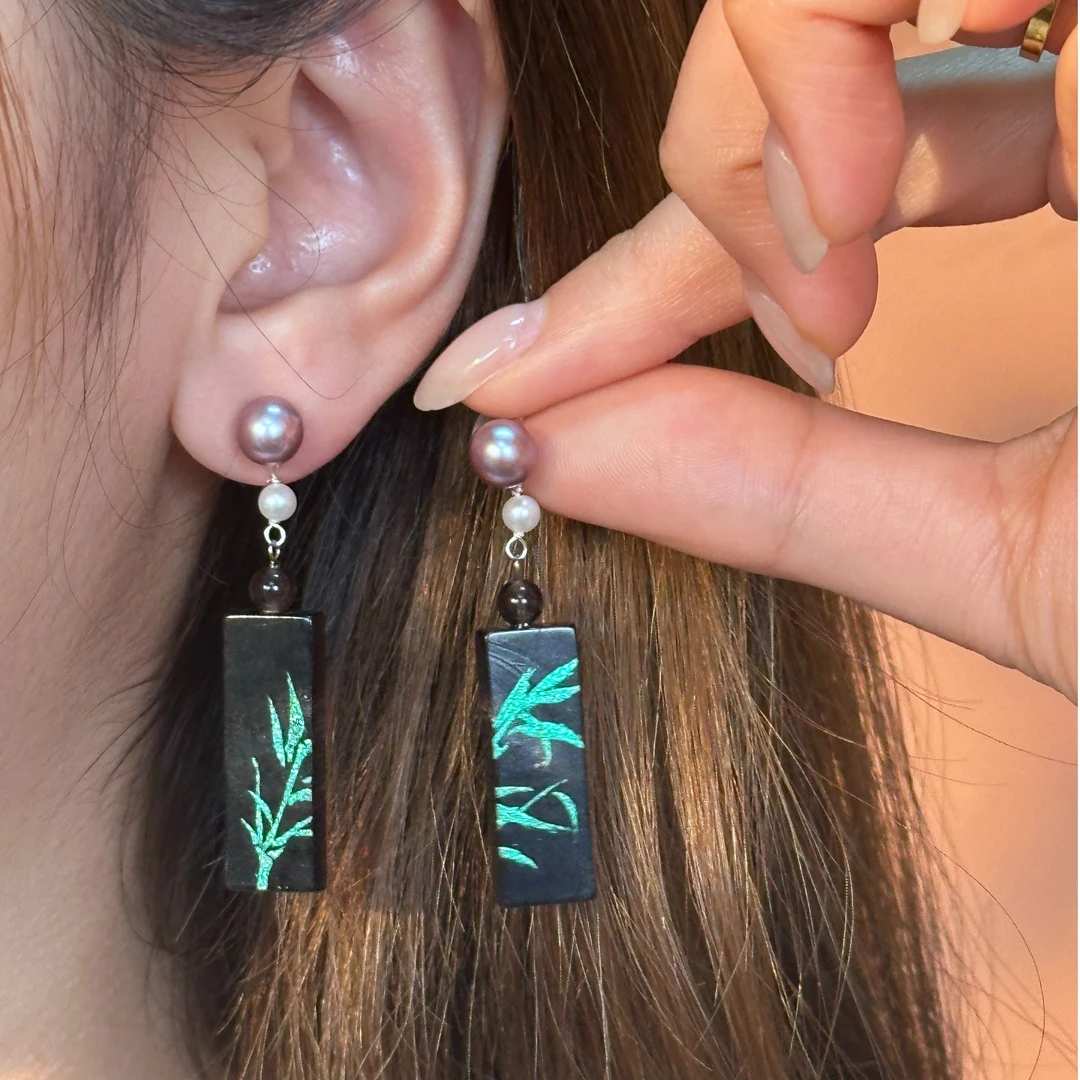 合金耳饰 时绘纯手工绘画/黑金刚片/竹叶+紫色小珍珍BA108001018