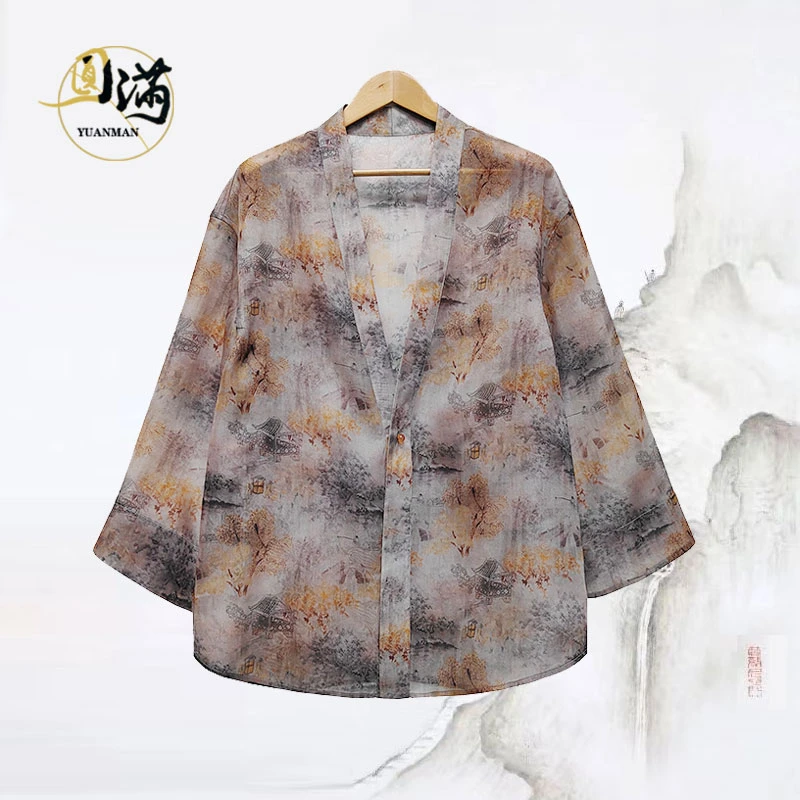 [水乡泛舟]圆满男装香云纱桑蚕丝国风防晒七分袖道袍上衣KS5517HS