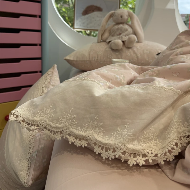 易安阁韩式田园粉色碎花少女心蕾丝花边双层纱床上四件套1.5m1.8