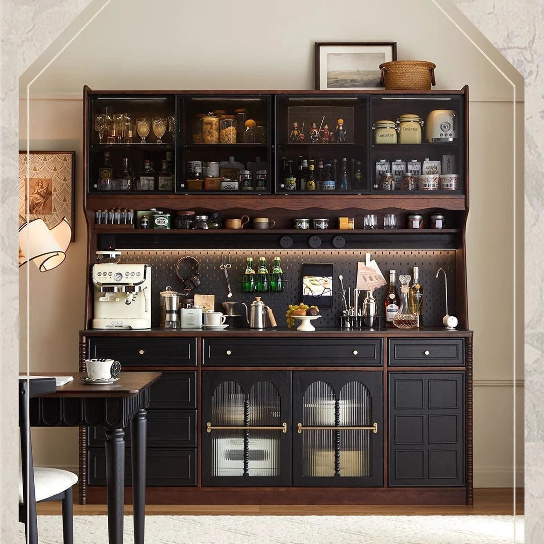 法式实木客厅靠墙一体酒柜茶水厨房北欧中古餐边柜复古简约收纳柜