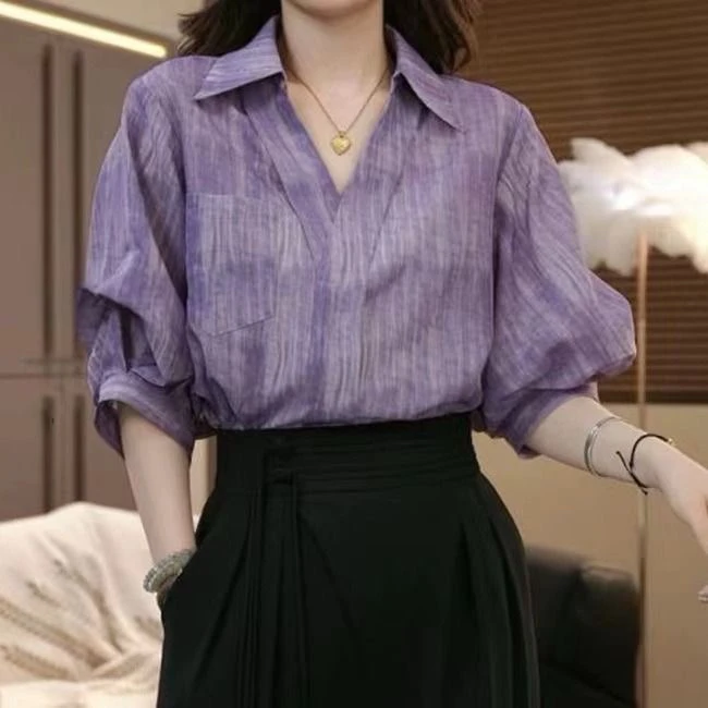 气质时尚衬衫法式宽松新款2025短袖设计衬衣上衣夏季紫色衬衫女