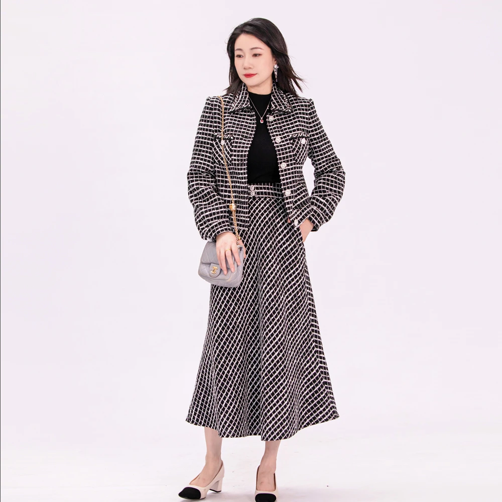 邹茉 【墨白山茶】Linton花呢翻领经典香风黑白格纹短款外套