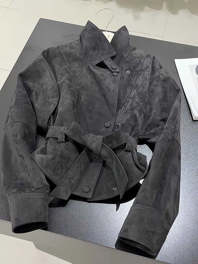 设计感立领收腰系带超好看酷飒风小众显瘦灰色外套夹克女2025秋季