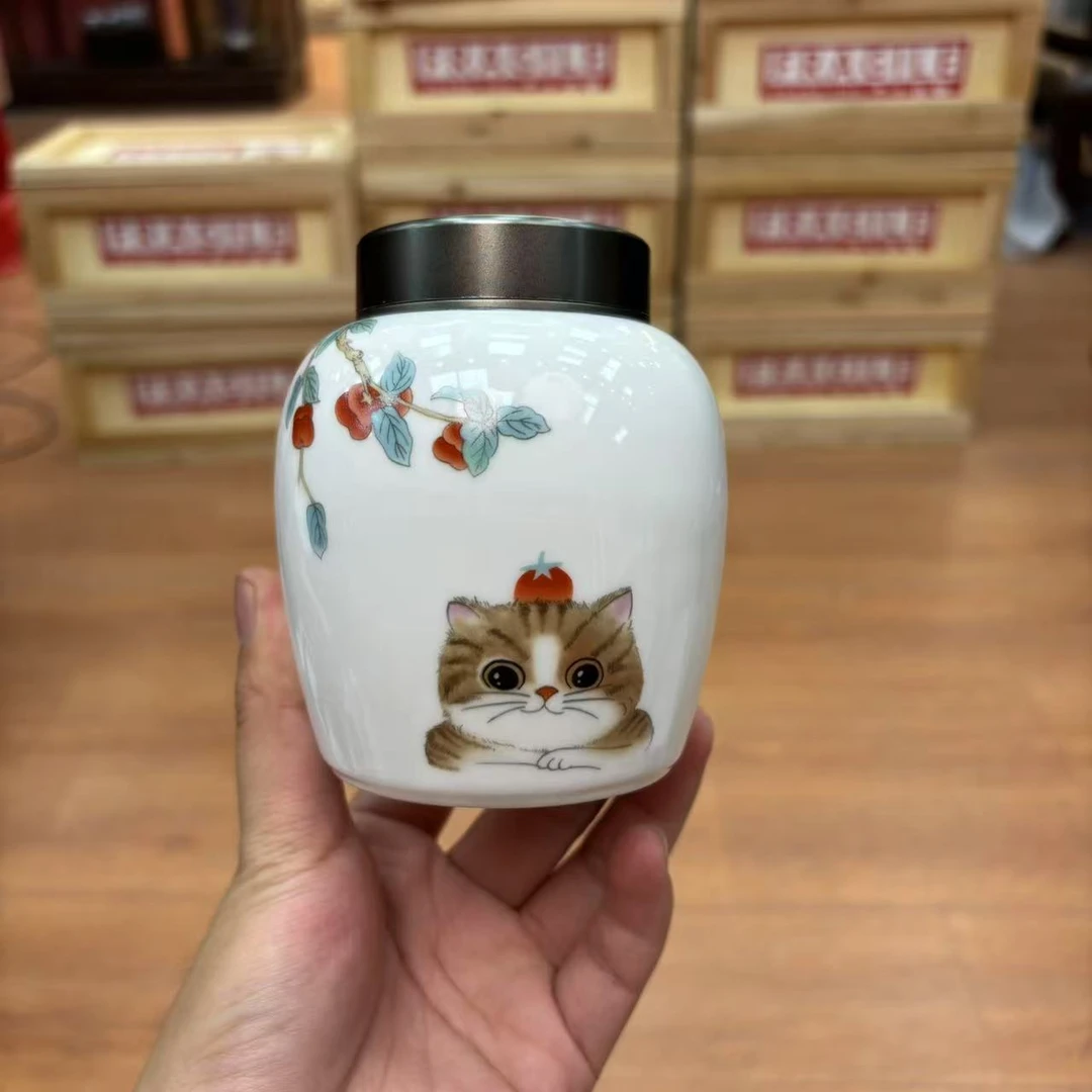 【闪购商品】柿柿如意猫咪密封陶瓷茶叶罐茶具
