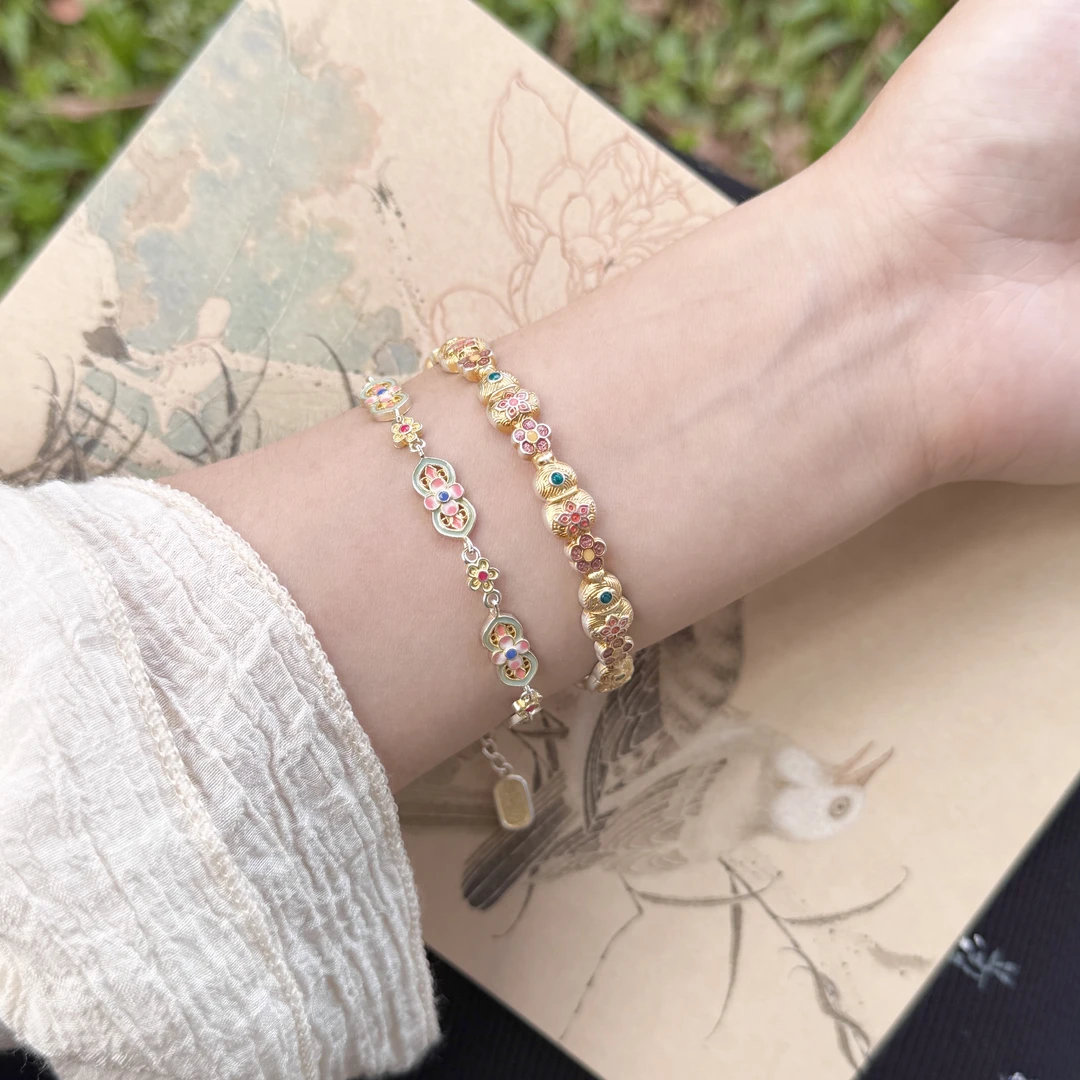 足银手镯 【雅韵八宝】描金珐琅彩葫芦国风手镯彩色精致正品手链