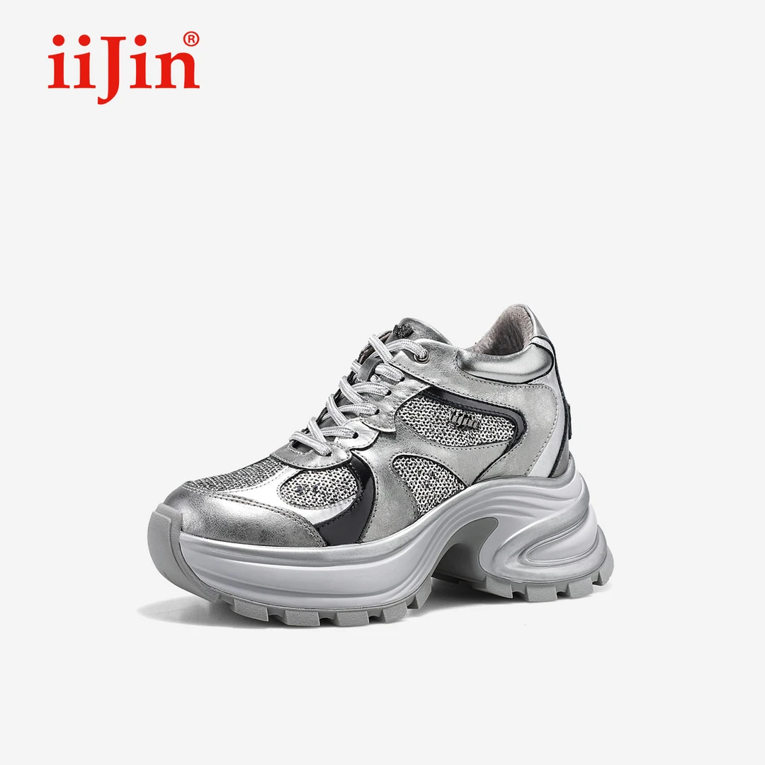 iiJin艾今25秋新10cm厚底内增高时尚珠片运动休闲老爹鞋女973IVD