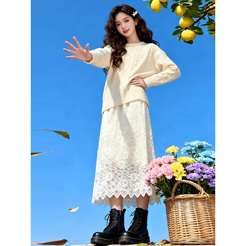 深冬气质穿搭一整套小香风千金韩系独特漂亮毛衣蕾丝半身裙子套装