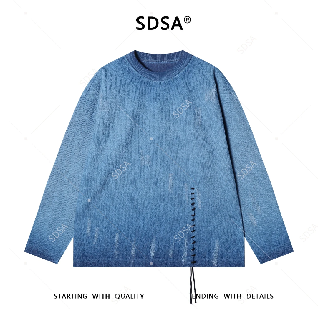 SDSA男士秋冬新款痞帅男装潮牌韩版缝线磨破圆领卫衣轻奢时尚上衣