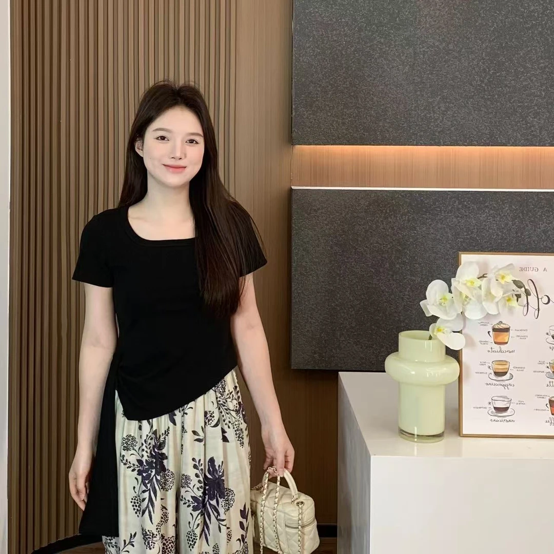 小羽酱小个子定制夏简约气质纯色方领短款不规则收腰绑带短袖T恤