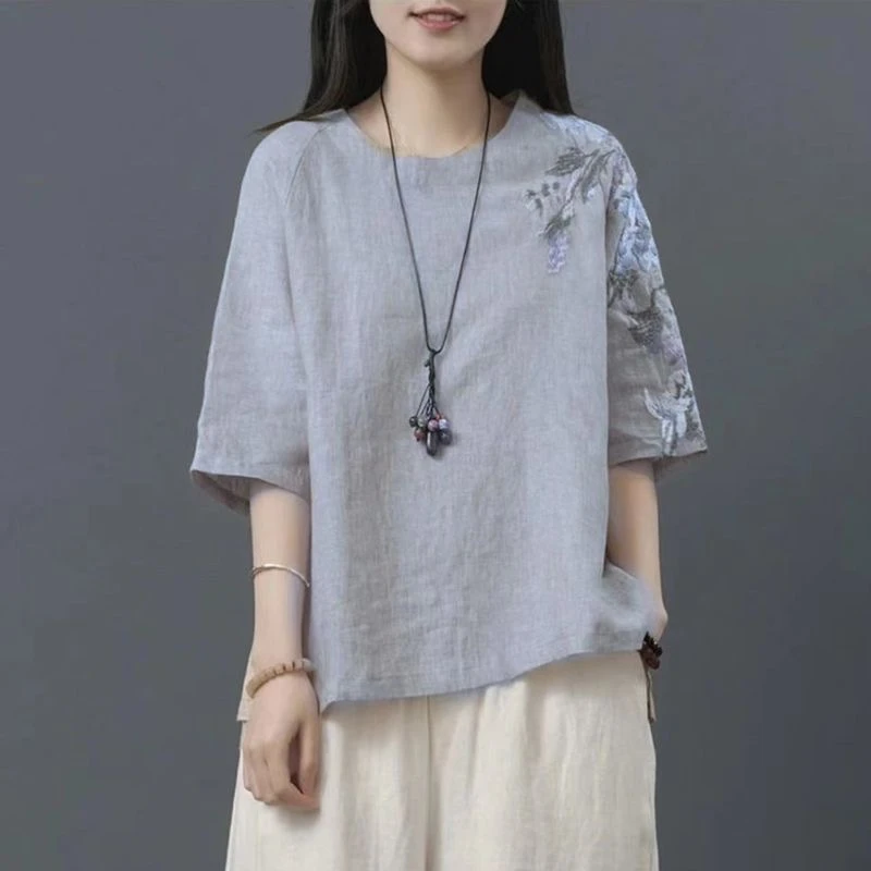 麻上衣女薄夏季民族风刺绣大码宽松文艺复古中式套装女装恤衫