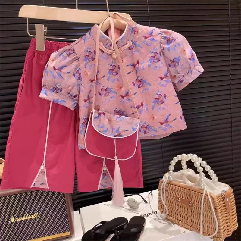 77272夏装新款洋气女童国风立领泡泡短袖旗袍上衣阔腿裤两件套