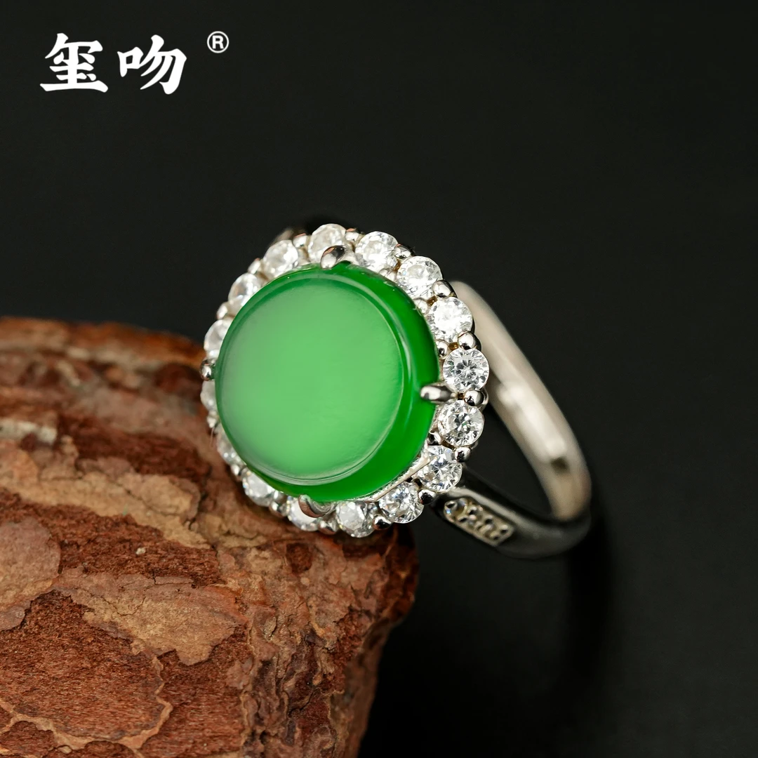 【玺吻】s925银 国风高定款 天然翡翠纯银戒指（戒面约10mm）