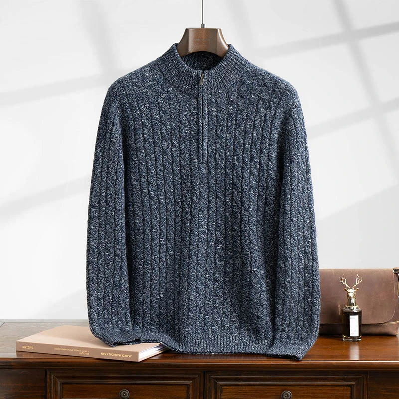 【550克大肚纱】男士花纱100%山羊绒衫半高领拉链扭花百搭上衣067