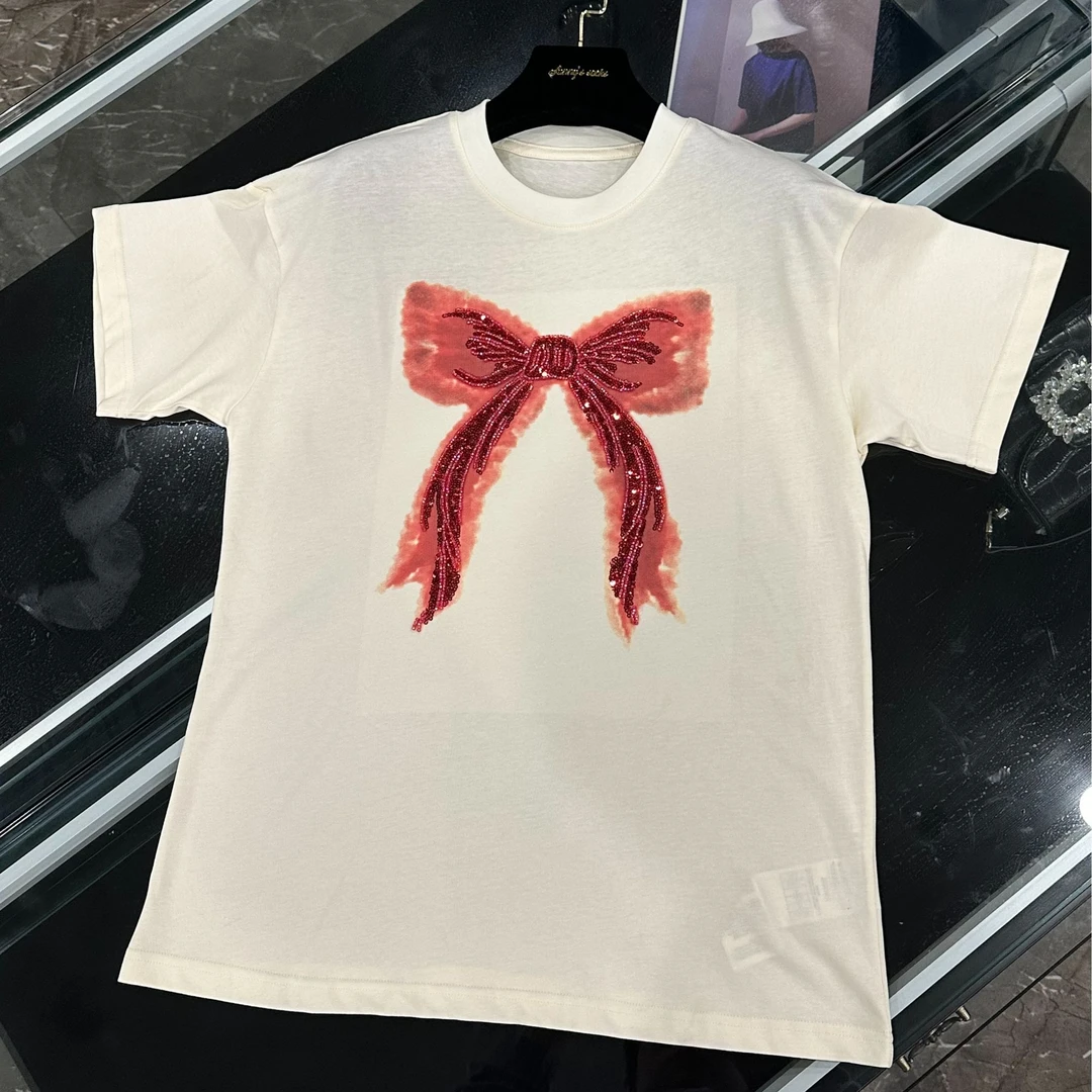 【蝴蝶结】设计感小众蝴蝶结手工钉珠圆领短袖-2447