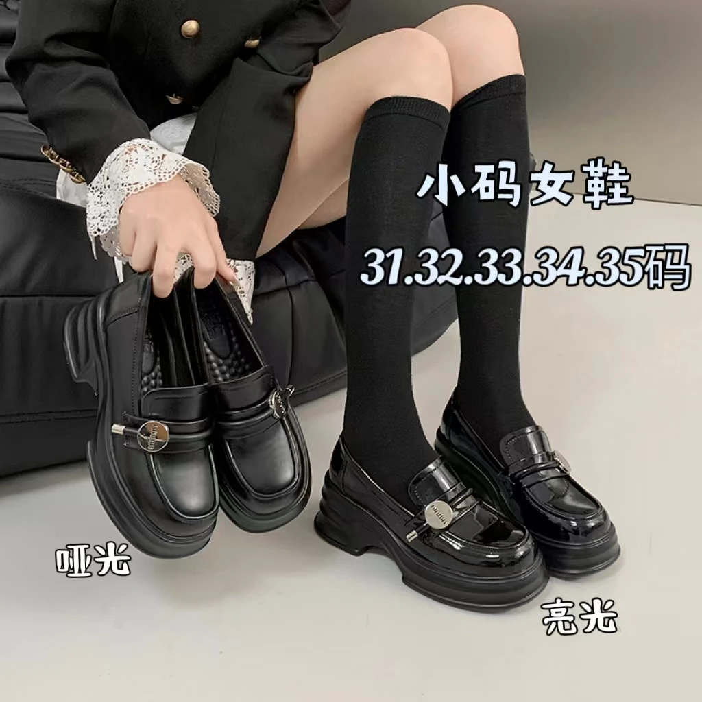 小码31-38码英伦风粗跟小皮鞋松糕厚底小码法式一脚蹬乐福鞋女