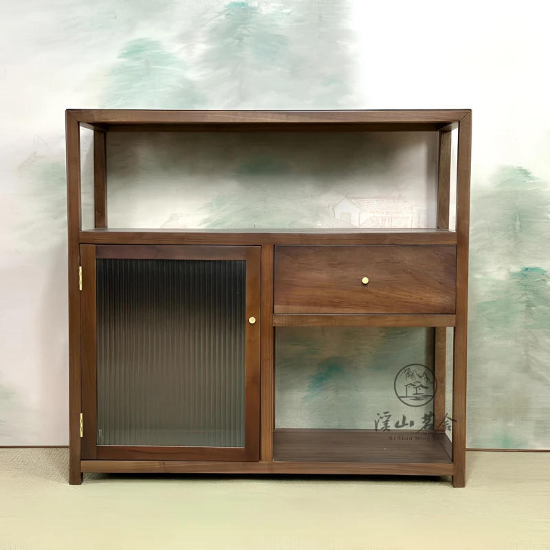 【单抽】黑胡桃木单抽长虹落地柜新中式置物柜茶室展示柜茶柜餐边柜