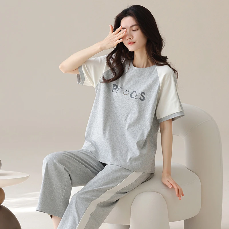 睡衣女春夏100%纯棉短袖长裤休闲韩版学生宿舍家居服秋可外穿套装