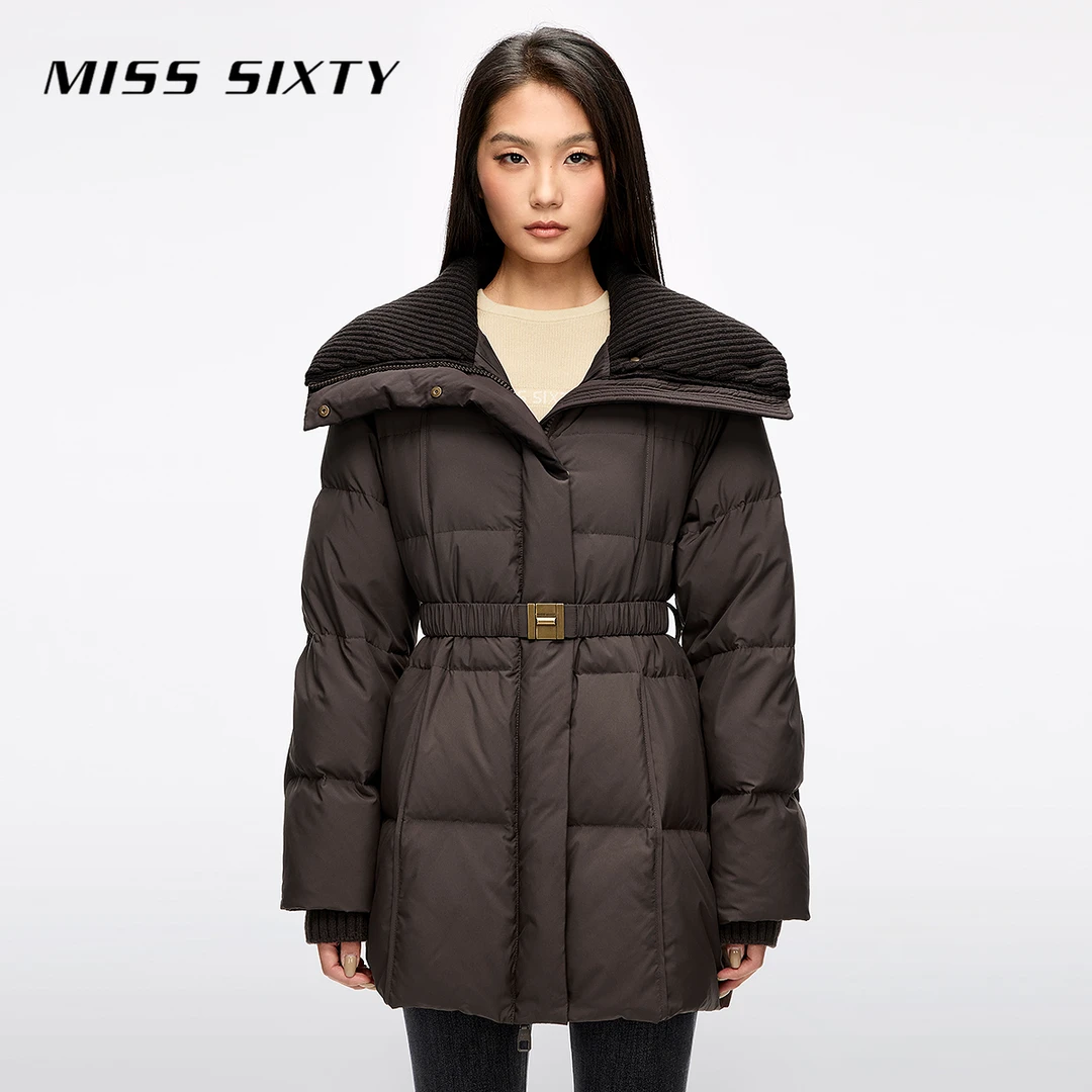 Miss Sixty2025冬季新款羽绒服女大翻领拼接配腰带90鸭绒方格绗线