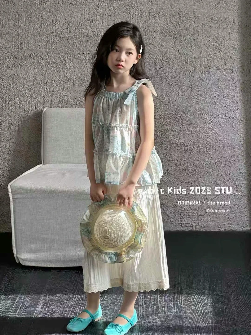 女童套装2025新款夏装中大童棉布背心阔腿裤女孩碎花娃娃衫两件套