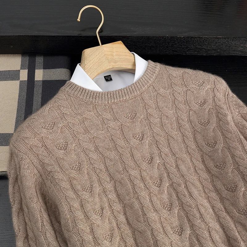 五针三股加厚羊绒套衫秋冬男士圆领套头大麻花打底衫轻奢高档毛衣