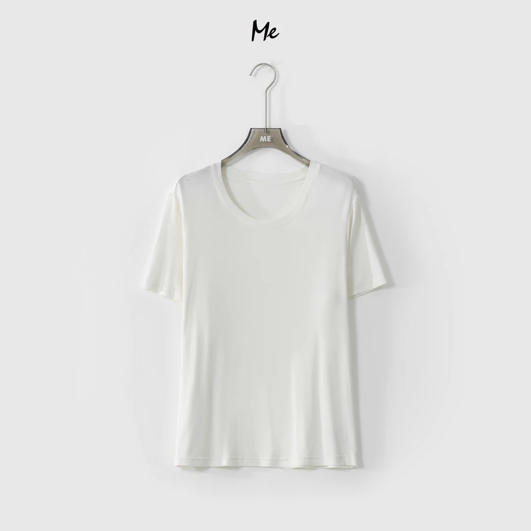 ME【 天鹅颈】经典显瘦时尚精致百搭女士白色短袖T恤MEQS1385