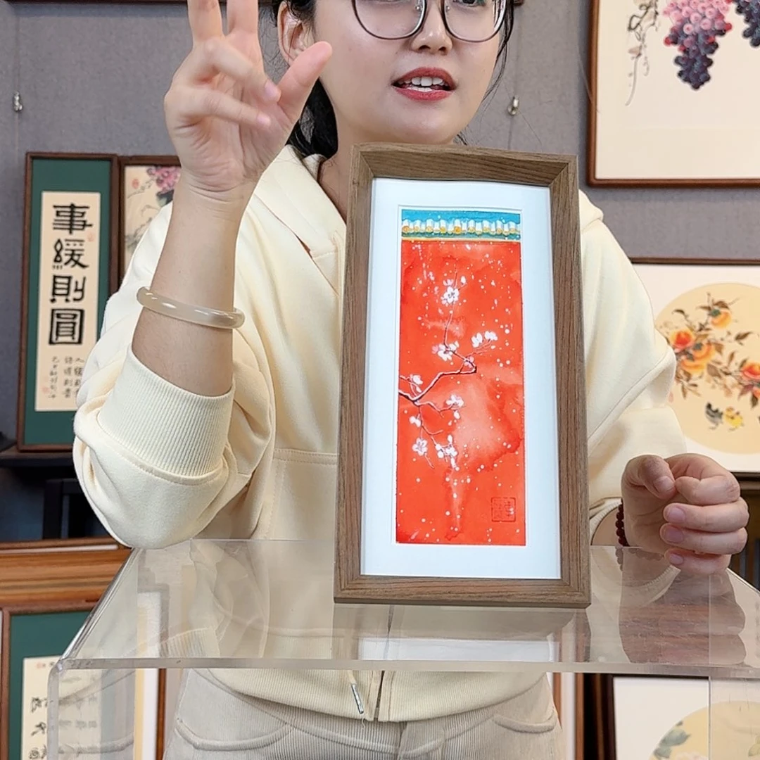 国画纯手绘，纯手写带框尺寸：16×29厘米