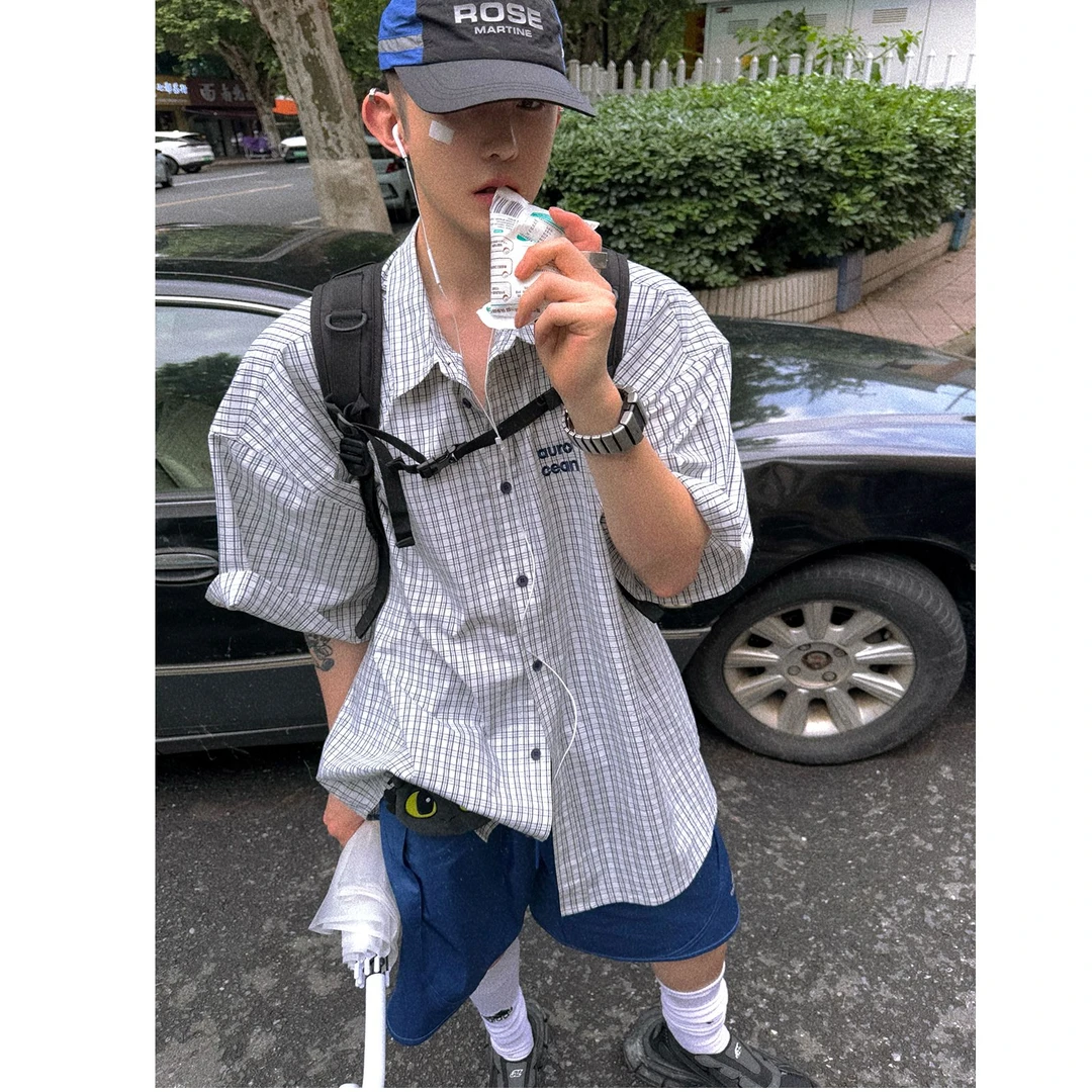 Aurocean 学院少年感小格子短袖衬衫 轻凉纯棉宽松大版奶白色衬衣