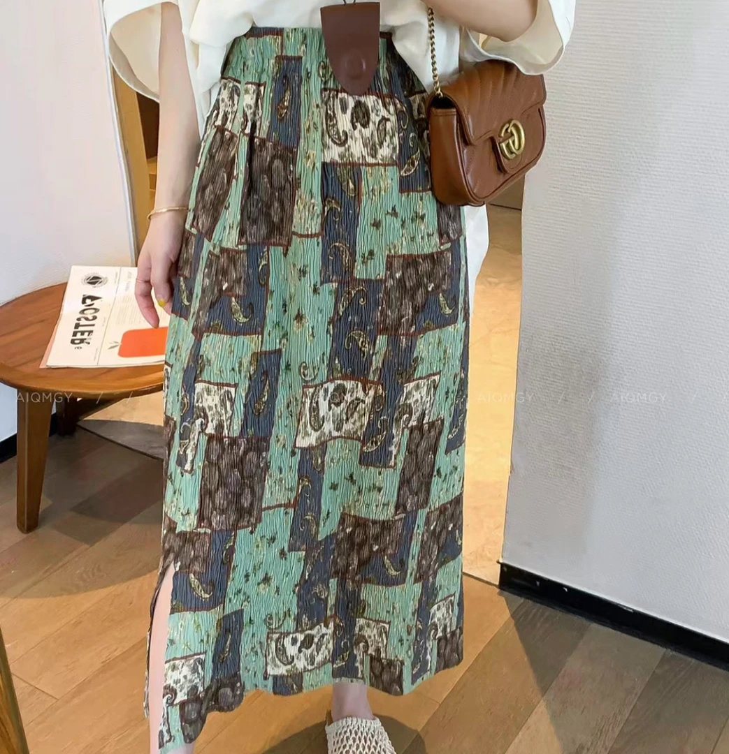 容容定制 印花松紧腰开叉直筒夏季女士中长半身裙时尚显瘦百搭703